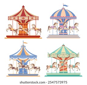 Classic horse carousel childish carnival amusement set vector flat illustration. Kids holiday leisure fair vintage attraction with round riding toy pony circus red blue and green dome tent ornament