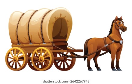Classic horse covered wagon, an iconic symbol of pioneer travel and the American West. Vector cartoon illustration