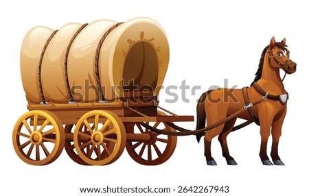 Classic horse covered wagon, an iconic symbol of pioneer travel and the American West. Vector cartoon illustration