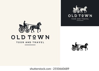 Classic Horse Drawn Pulling Carriage Coach or Hansom Cab Cart with A Coachman Silhouette for Vintage City Town Transportation logo design