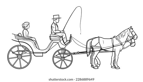 Classic horse pulled cabriolet cart - vector stock illustration.