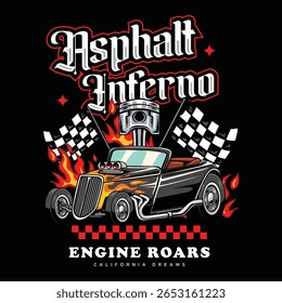 Classic hot cars with flame graphics and checkered flags illustration