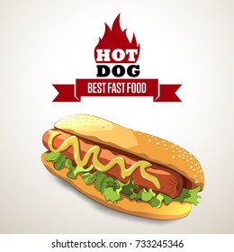Classic hot dog in cartoon style. Logo of fast food. Vector illustration.