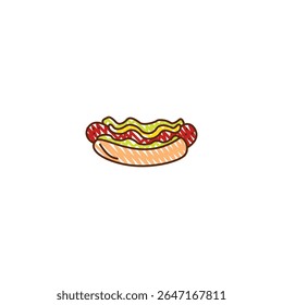 Um cachorro-quente clássico com uma salsicha suculenta aninhada em um pão macio, coberto com mostarda, ketchup e saborear. Perfeito para refeições rápidas, amantes de comida de rua ou churrascos de verão — este ícone do lanche americano