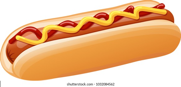 Classic Hot Dog with Ketchup and Mustard, isolated on a white background