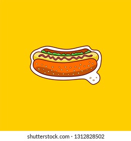 Classic hot dog on a yellow  background whith a frame.Fast food. Junk food. Vector illustration.
