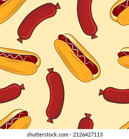 Classic hot dog vector seamless repeat pattern.