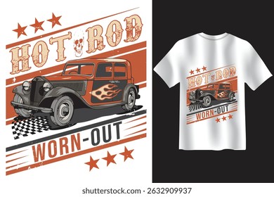 Classic hot rod car with flame decal and worn out text in a bold retro grunge design. Perfect for vintage car lovers and custom t shirt prints with nostalgic, fast paced vibes.