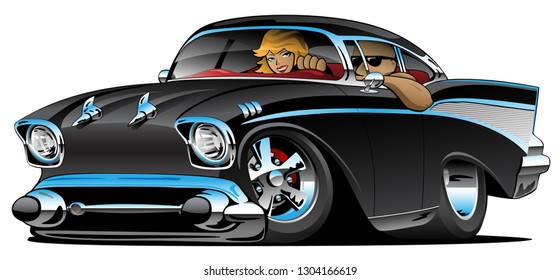 Clásico camión músculo 50 con un hombre fresco y una mujer rubia adorable crucero, de perfil bajo, llantas y llantas grandes, pintura negra en chorro, ilustración vectorial de caricatura