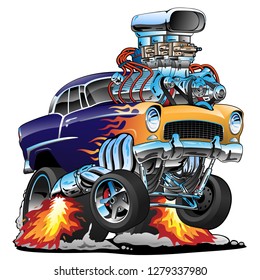 Classic Hot Rod Muscle Car, Flames, Big Engine, Cartoon Vector Illustration