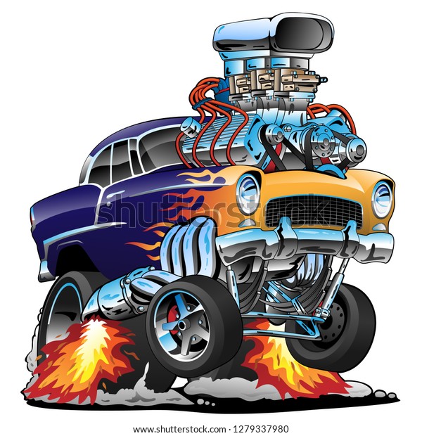 Classic hot rod muscle car, flames, big\
engine, cartoon vector\
illustration