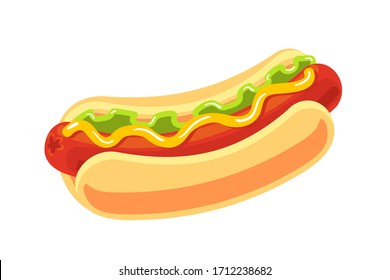 Classic hotdog isolated on white background. Fast food vector object. Big Hot dog cartoon illustration. Takeaway food symbol for banner or design poster.