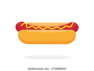 Classic hotdog with mustard on white background. Flat vector illustration.