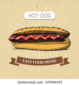 Classic Hot-Dog vector hand drawn illustration in vintage style / fast food menu, street food / tasty retro menu