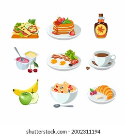 Classic hotel breakfast set with pancakes, toast and croissant, coffee and corn flakes. Menu poster with fried egg, bacon, yogurt and fruit. Brunch healthy start day options food. Vector illustration