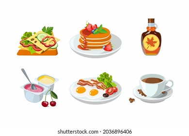 Desayuno clásico de hotel con crepes y jarabe de arce, tostadas de queso, taza de café. Cartel con huevo frito, tocino, yogur y fruta. Comida saludable para el almuerzo y la cena. Ilustración del vector