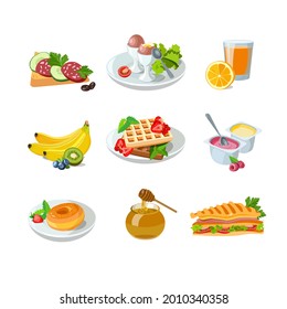 Classic hotel breakfast set with waffles, orange juice, sandwich and donut. Menu poster with eggs, fruit yogurt and honey. Brunch healthy start day options food. Vector illustration.