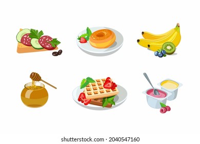 Classic hotel breakfast set with waffles and honey, toast sandwich with sausage and donut. Menu poster with fruit yogurt and berries. Brunch healthy start day options food. Vector illustration.