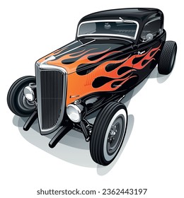 Classic Hot-rod Car Vector - Intricate illustration - with fiery flames