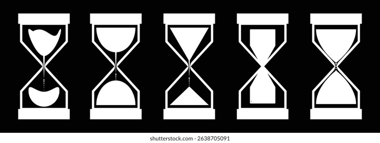 A classic hourglass set filled with sand marking the passage of time. Monochrome hourglass icon set depicting the passage of time through the flow of sand in a minimalist design.