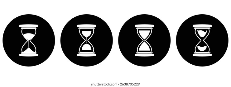 A classic hourglass set filled with sand marking the passage of time. Monochrome hourglass icon set depicting the passage of time through the flow of sand in a minimalist design.