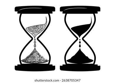A classic hourglass set filled with sand marking the passage of time. Monochrome hourglass icon set depicting the passage of time through the flow of sand in a minimalist design.