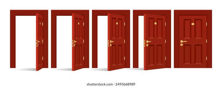 Classic house doors sprites phases. Royal red open and closed front door set isolated vector illustration