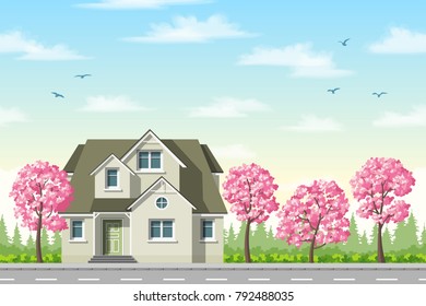 Classic house with flowering trees