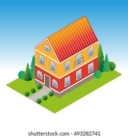 classic house in isometric view with a green lawn and trees