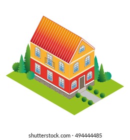 classic house in isometric view with a green lawn and trees