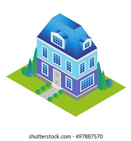 classic house in isometric view with a green lawn and trees. Vacation home in a classic style with a loft and dormer windows.