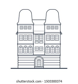 Classic house with two towers. Front view. Dark blue outline drawing. 