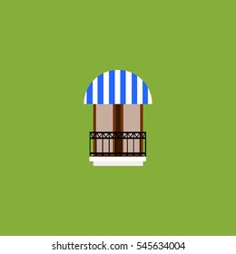 Classic house window with balcony and flat illustration on the green background