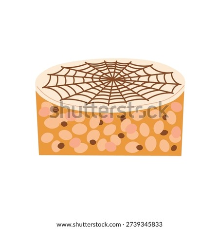 Classic Hungarian and Austrian nut cake Esterhazy. Dessert with almond layers and chocolate spiderweb decoration on the icing. Vector illustration on isolated background. Food and drink. Hand drawn