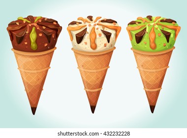 Classic Ice Cream Cones Set/
Illustration of an appetizing set of cartoon icecream inside wafer cones, with flavors of vanilla, chocolate, mint or pistachio, for glacier menu