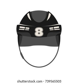 Classic ice hockey black helmet icon in flat style. Eight number label. Front view