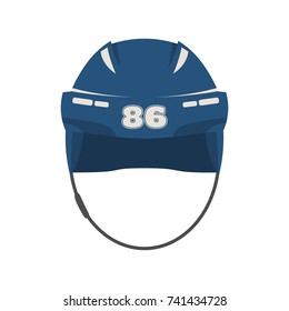 Classic Ice Hockey Blue Helmet Icon In Flat Style. Eighty Six Number Label. Front View