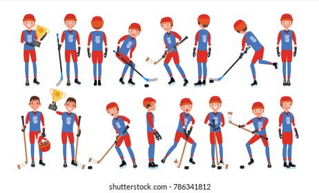 Classic Ice Hockey Player Vector. Set. Competition Game Concept. Isolated On White Cartoon Character Illustration