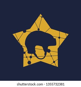 Classic ice hockey red helmet icon in flat style. Side view. Star shape. Connected lines with dots.