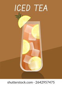 Classic iced tea vector with lemon garnish on brown background. Great for drink menu and summer concept.