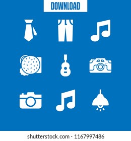 classic icon. 9 classic vector set. hanging bulb, guitar, musical note and trousers icons for web and design about classic theme