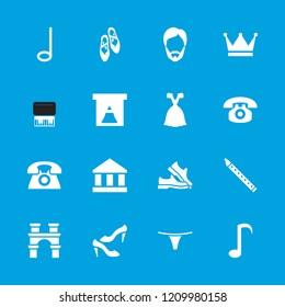 Classic icon. collection of 16 classic filled icons such as shoe, dress, window, ballet shoes, crown, arch, man hairstyle, man shoe. editable classic icons for web and mobile.