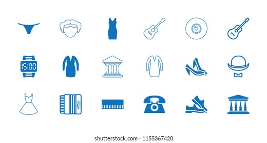 Classic icon. collection of 18 classic filled and outline icons such as female underwear, piano, wrist dial watch, guitar, harmonic. editable classic icons for web and mobile.