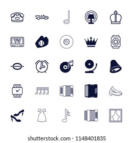 Classic icon. collection of 25 classic filled and outline icons such as crown, shoe, harmonic, disc and music note, table lamp. editable classic icons for web and mobile.