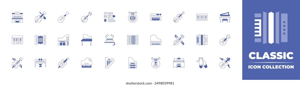 Classic icon collection. Duotone style line stroke and bold. Vector illustration. Containing violin, classic, lyre, piano, harp, cello, grandpiano, museum, accordion, harpsichord.