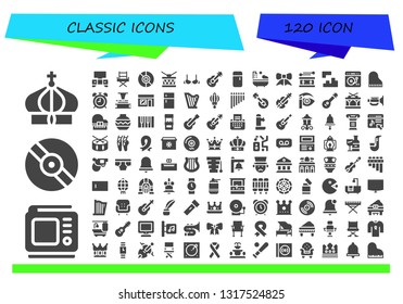 classic icon set. 120 filled classic icons.  Simple modern icons about  - Crown, Tv, Vinyl, Chair, Drum, Brassiere, Guitar, Fridge, Bathtub, Ribbon, Tetris, Turntable, Piano, Alarma clock