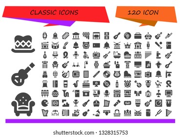 classic icon set. 120 filled classic icons.  Simple modern icons about  - Top hat, Armchair, Electric guitar, Wristwatch, Bell, Harmonica, Museum, Flute, Bus stop, Filing cabinet