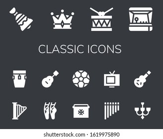 classic icon set. 14 filled classic icons.  Simple modern icons such as: Bell, Crown, Drum, Arcade game, Harp, Conga, Ballet, Guitar, Fridge, Soccer ball, Flute, Tv, Chandelier
