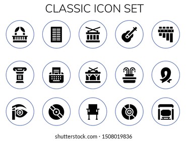 classic icon set. 15 filled classic icons.  Collection Of - Balcony, Column, Columns, Type, Drum, Guitar, Fountain, Flute, Ribbon, Eyebrow pencil, Vinyl, Chair, Bus stop icons