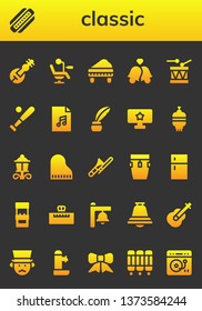 classic icon set. 26 filled classic icons.  Simple modern icons about  - Veena, Harmonica, Chair, Piano, Bells, Drum, Baseball, Audio file, Inkwell, Tv, Lantern, Street lamp, Trombone